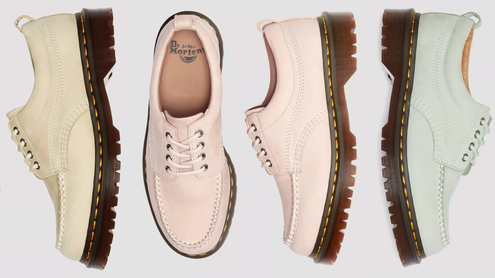 Dr. Martens Lowell i Light Tan, Powder Pink och Sage Green.