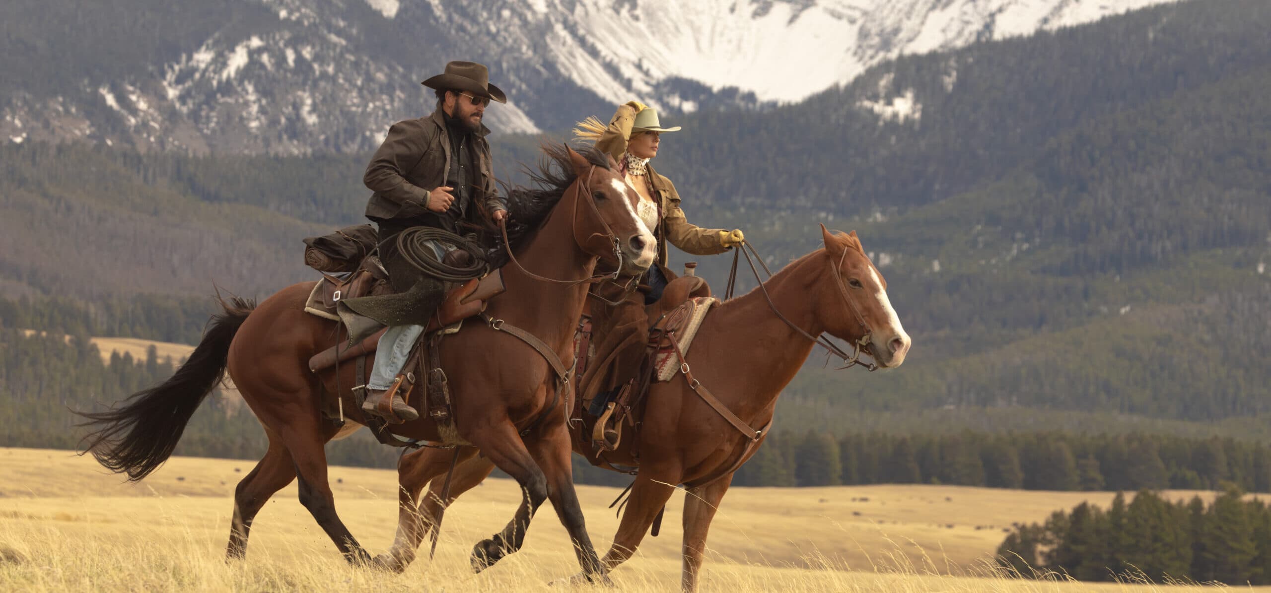 L-R: Cole Hauser as Rip Wheeler and Kelly Reilly as Beth Dutton in Dutton Ranch, episode 1, season 1, streaming on Paramount+, 2026.